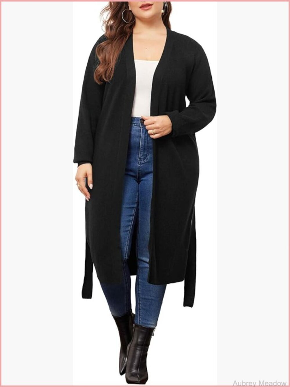 Plus Size Knit Cardigan Sweater with Belt and Pockets Long Sleeve Open Front